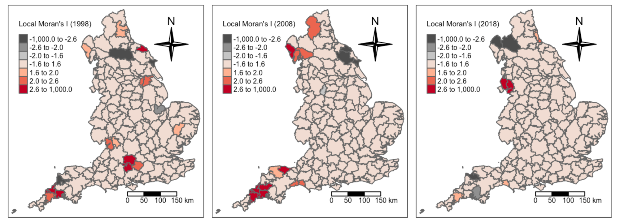 Local Moran's I Spatial Analysis for Entry Rate in England for Three Time Periods