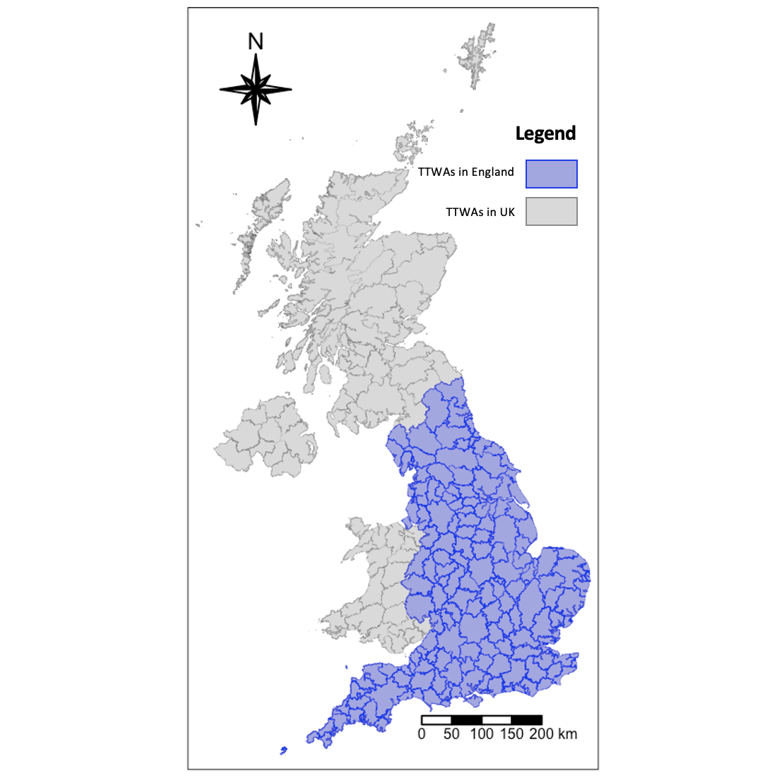 The Map of Travel to Work Areas (TTWAs) within UK